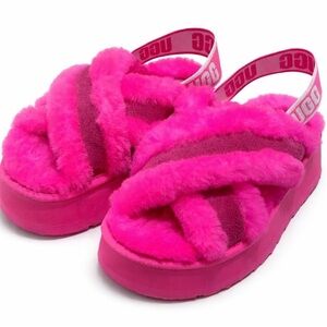 UGG Disco Cross Slide Slippers Pink Taffy Platform Fuzzy Slingback Size 6